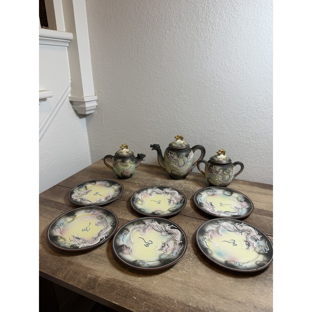 Vtg Japanese Tea Set Japan Dragonware Demitasse Moriage Hand Painted gothic